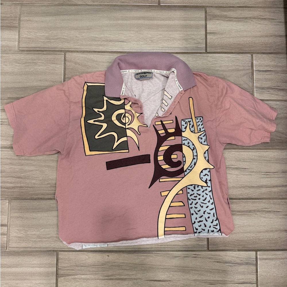 Vintage 90s IXSPA Abstract Print Polo Shirt Retro Pink Y2K